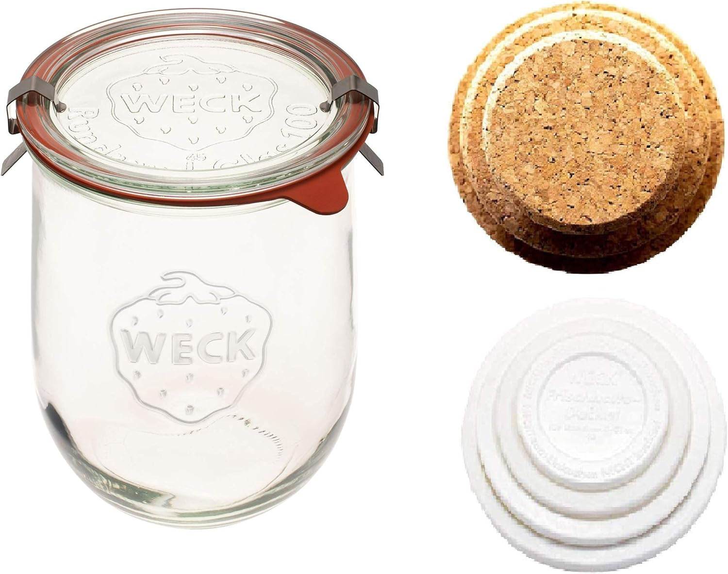 WECK - 745 Weck Tulip Jar 1 Liter - Sour Dough Starter Jars - Large Glass Jar for Sourdough - Tulip Jar with Wide Mouth - Suitable for Canning and Storage - (1 Jar, Glass Lid, Cork Lid, & Keep Fresh Lid)