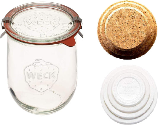 WECK - 745 Weck Tulip Jar 1 Liter - Sour Dough Starter Jars - Large Glass Jar for Sourdough - Tulip Jar with Wide Mouth - Suitable for Canning and Storage - (1 Jar, Glass Lid, Cork Lid, & Keep Fresh Lid)