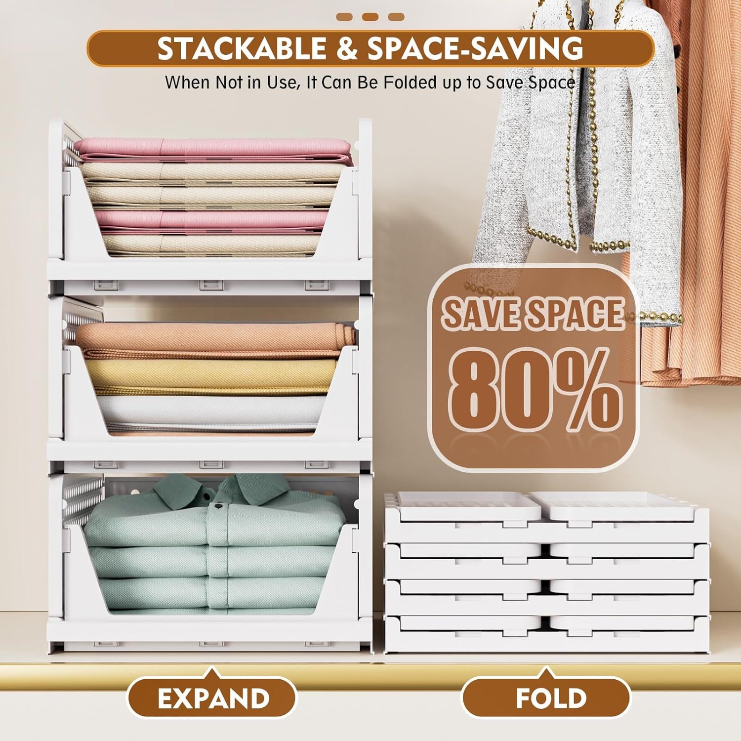 5 Pack Stackable Closet Storage Basket, Multifunctional & Foldable Closet Organizer for Bathroom Kitchen Laundry Room Wardrobe Storage, Space-Saving Clothes Storage Drawer Organizer, White