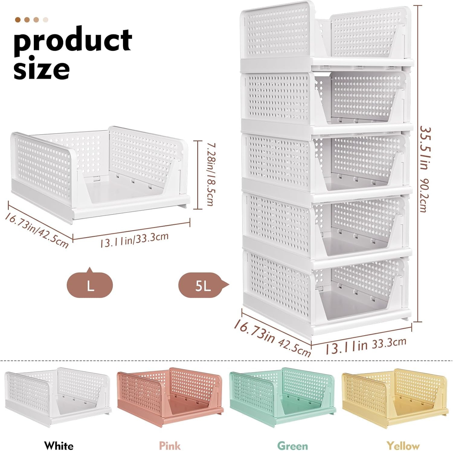 5 Pack Stackable Closet Storage Basket, Multifunctional & Foldable Closet Organizer for Bathroom Kitchen Laundry Room Wardrobe Storage, Space-Saving Clothes Storage Drawer Organizer, White