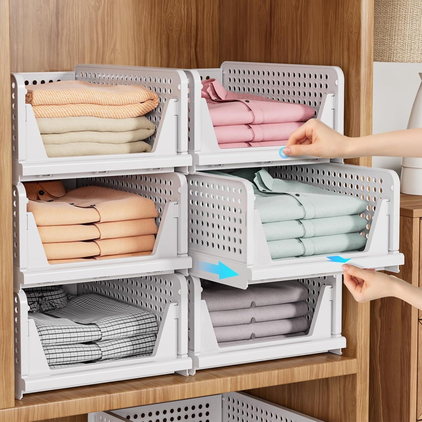 5 Pack Stackable Closet Storage Basket, Multifunctional & Foldable Closet Organizer for Bathroom Kitchen Laundry Room Wardrobe Storage, Space-Saving Clothes Storage Drawer Organizer, White