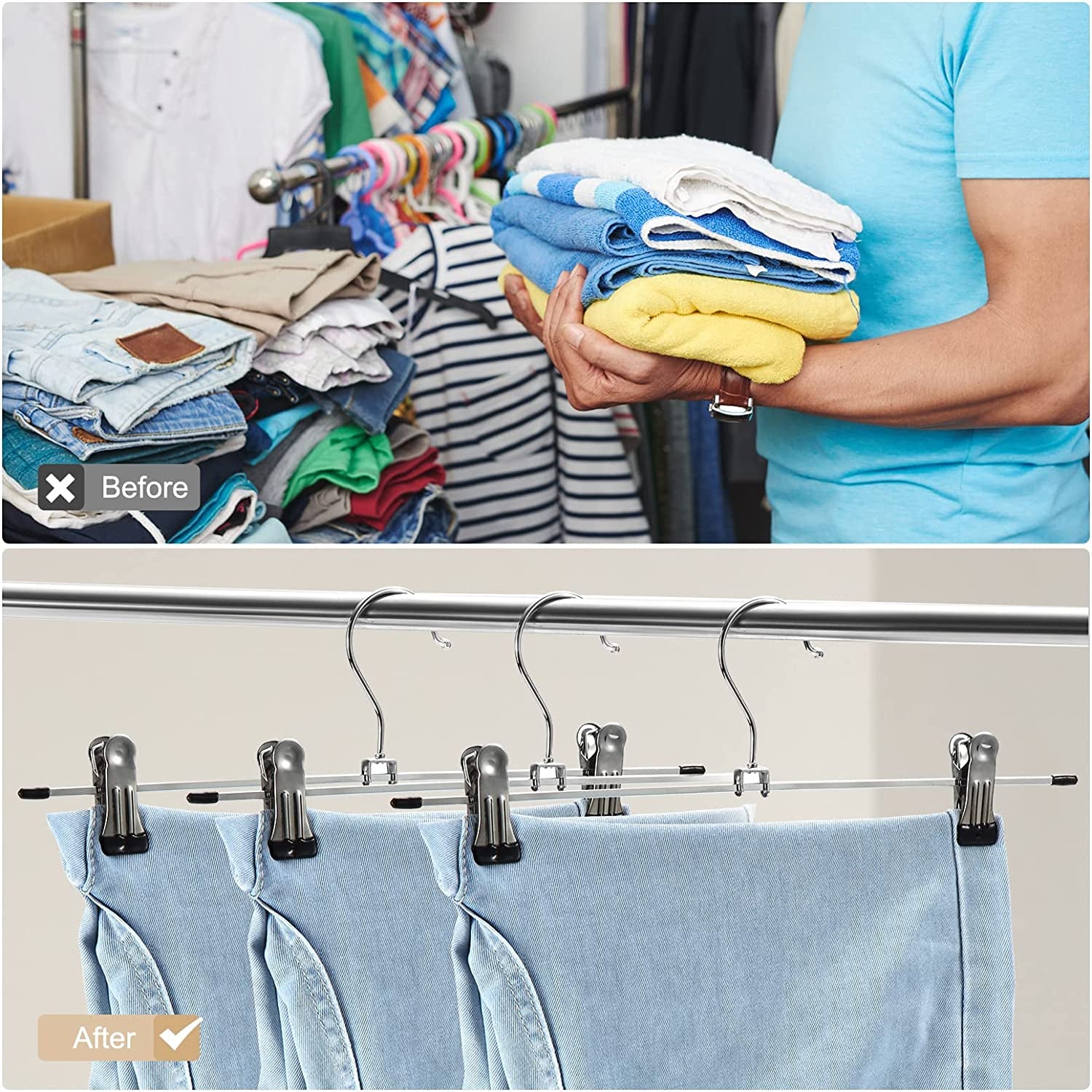 Pants Hangers with Clips Heavy Duty 10 Pack Adjustable Metal Pants Hanger Skirt