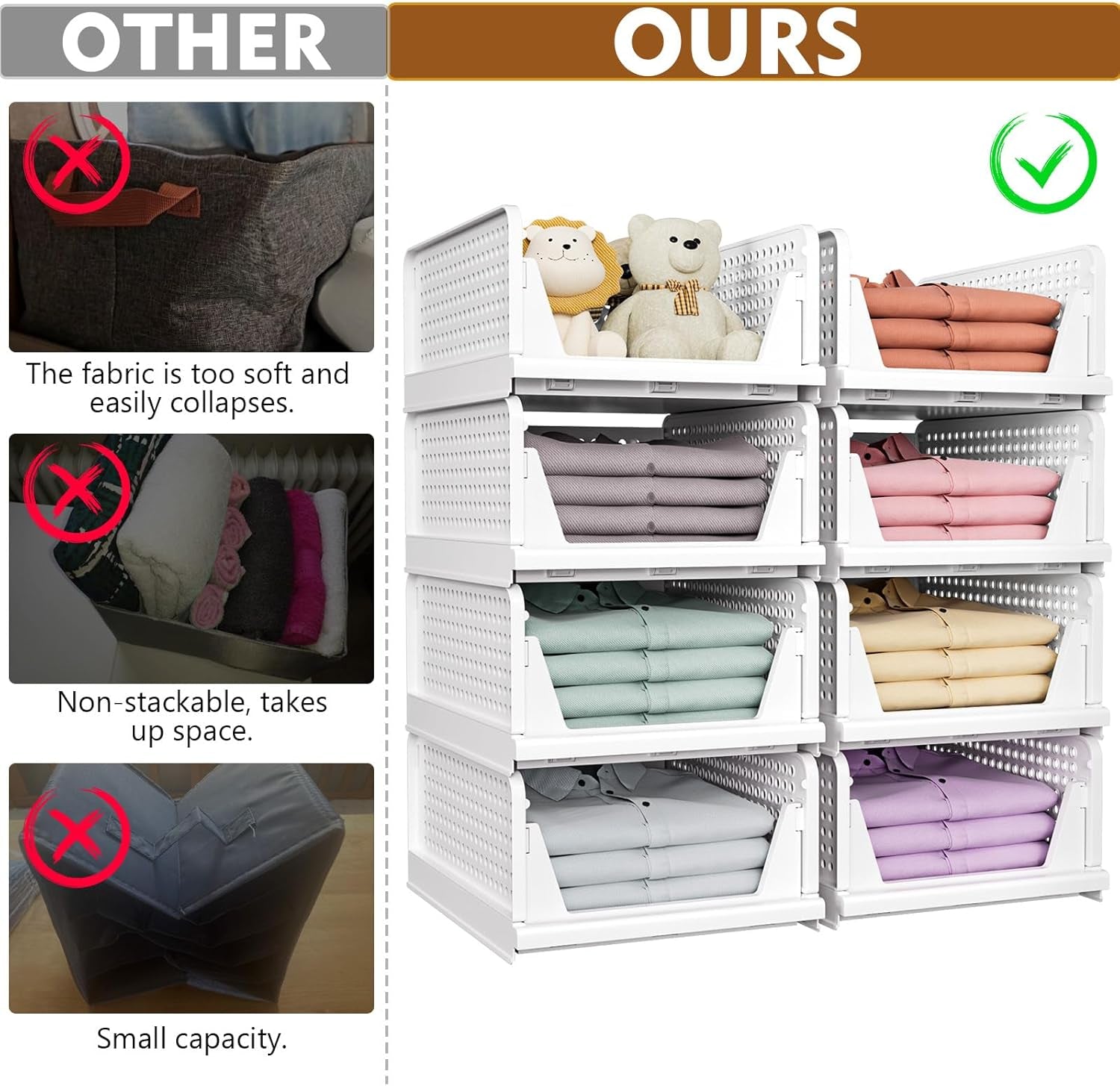 5 Pack Stackable Closet Storage Basket, Multifunctional & Foldable Closet Organizer for Bathroom Kitchen Laundry Room Wardrobe Storage, Space-Saving Clothes Storage Drawer Organizer, White
