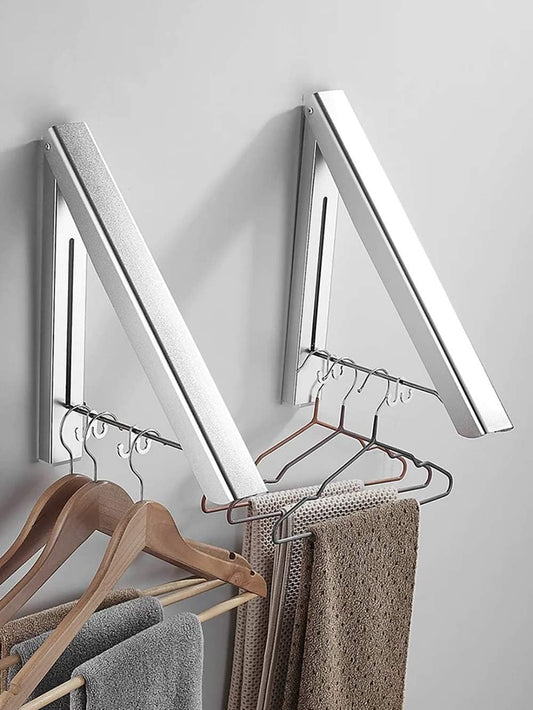 2 Pack Retractable Clothes Rack - Wall Mounted Folding Clothes Hanger Drying Rack for Laundry Room Closet Storage Organization, (Silver)