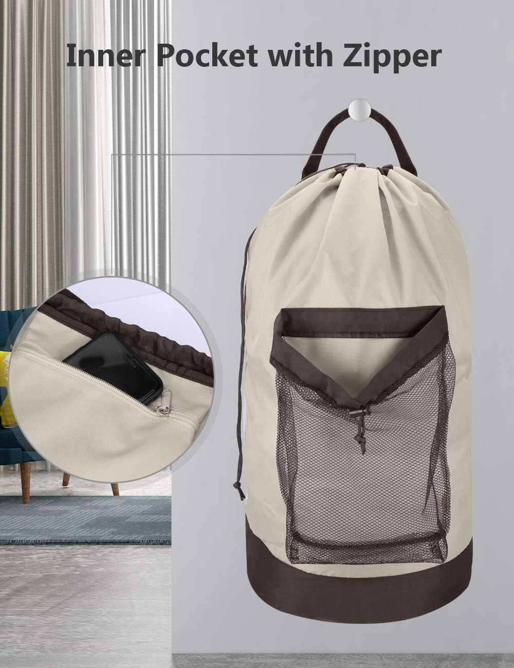 Backpack Laundry Bag, Laundry Backpack with Shoulder Straps and Mesh Pocket Durable Nylon Clothes Hamper Bag with Drawstring Closure for College, Travel, Laundromat, Apartment