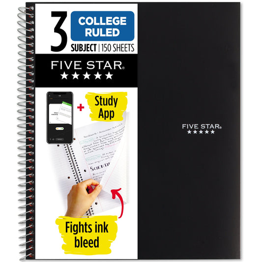 Spiral Notebook plus Study App 3 Subject College Ruled 8 12 X 11 Black