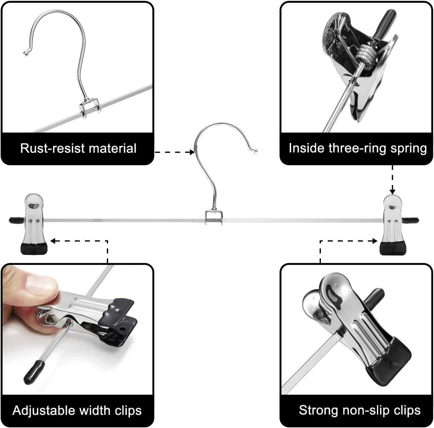 Pants Hangers with Clips Heavy Duty 10 Pack Adjustable Metal Pants Hanger Skirt