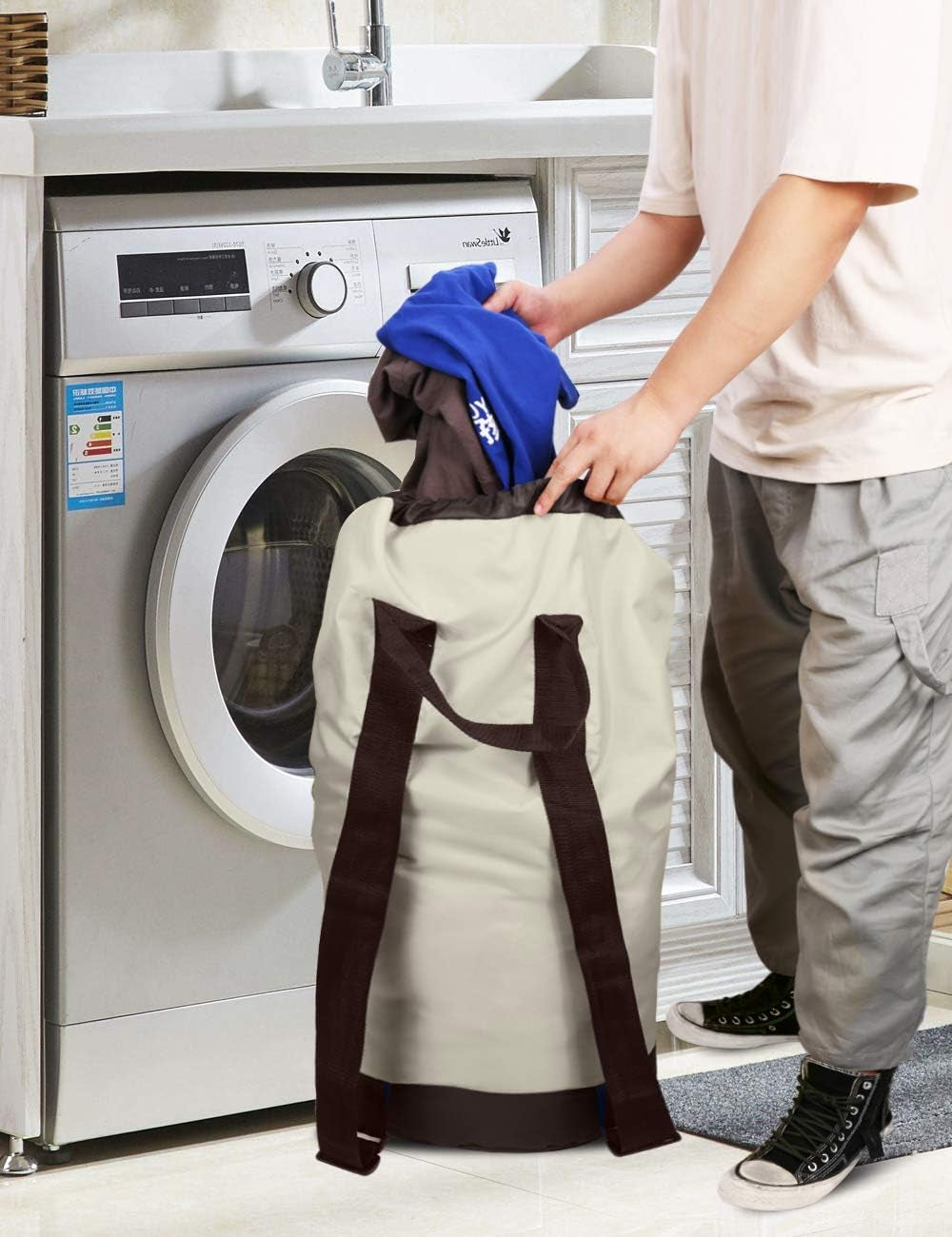 Backpack Laundry Bag, Laundry Backpack with Shoulder Straps and Mesh Pocket Durable Nylon Clothes Hamper Bag with Drawstring Closure for College, Travel, Laundromat, Apartment